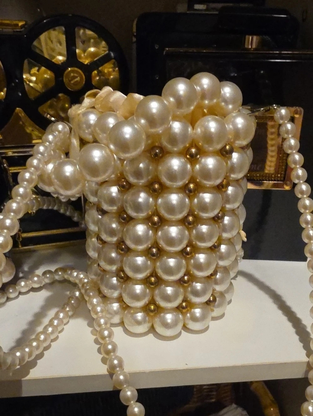 Pearl Beaded Mini Bag in Cream & Gold Like New